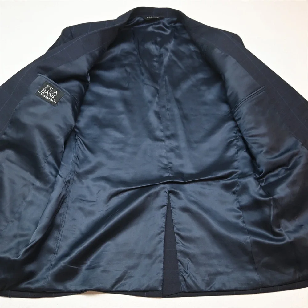 Jos A Bank 43L 38x32 Navy Blue Windowpane 100% Wool Flannel Mens Suit